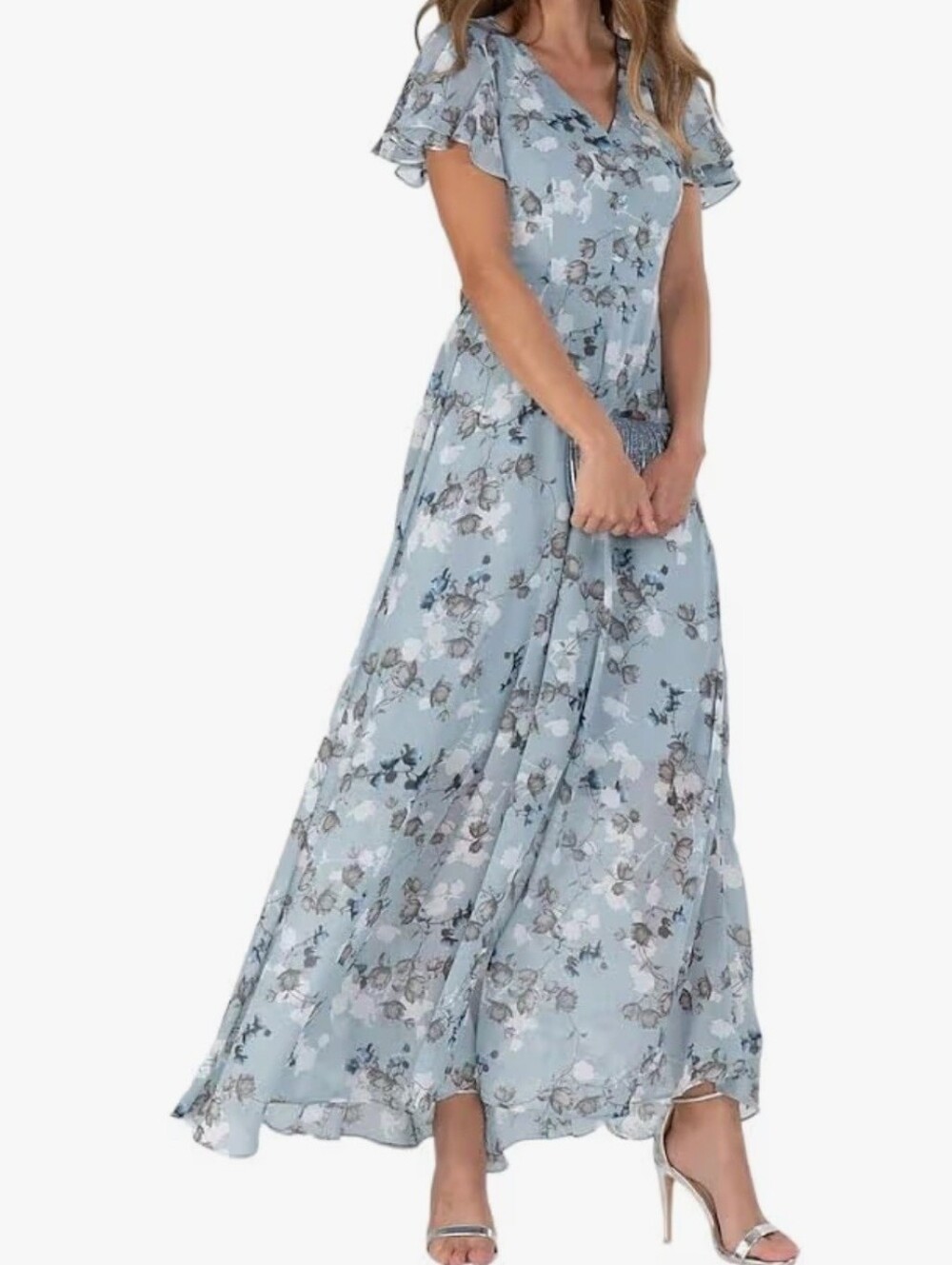 Sky Blue Floral Maxi Dress with Flutter Sleeves #15